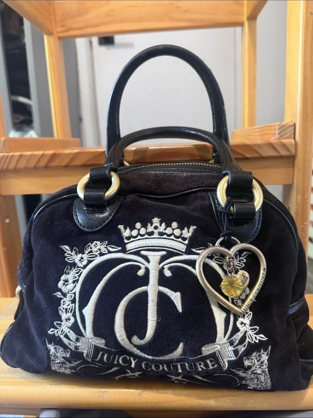 Y2K Juicy Couture Black Velvet Embroidered Crest Satchel with Heart Charm
